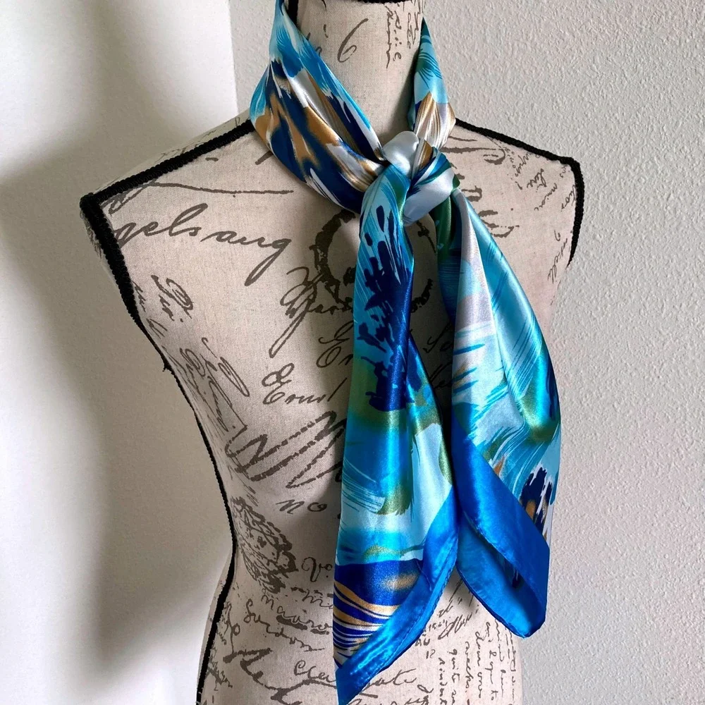 Oversized Square Blue Floral Satin Scarf Head Neck Hair boho Tropical Wrap 💖